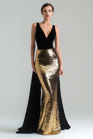 Mermaid Gold and Black V-Neck Velvet Long Formal Dress